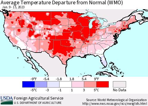 United States Average Temperature Departure from Normal (WMO) Thematic Map For 1/9/2023 - 1/15/2023