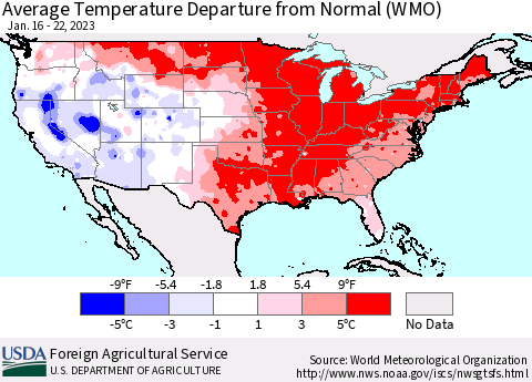 United States Average Temperature Departure from Normal (WMO) Thematic Map For 1/16/2023 - 1/22/2023