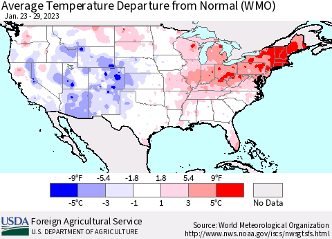 United States Average Temperature Departure from Normal (WMO) Thematic Map For 1/23/2023 - 1/29/2023
