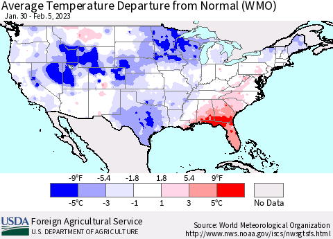 United States Average Temperature Departure from Normal (WMO) Thematic Map For 1/30/2023 - 2/5/2023