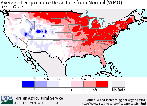 United States Average Temperature Departure from Normal (WMO) Thematic Map For 2/6/2023 - 2/12/2023