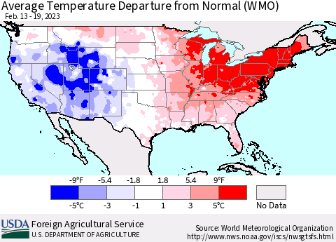 United States Average Temperature Departure from Normal (WMO) Thematic Map For 2/13/2023 - 2/19/2023