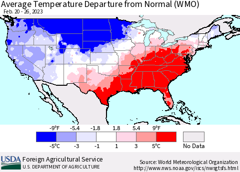 United States Average Temperature Departure from Normal (WMO) Thematic Map For 2/20/2023 - 2/26/2023