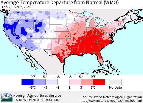 United States Average Temperature Departure from Normal (WMO) Thematic Map For 2/27/2023 - 3/5/2023
