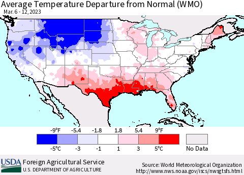 United States Average Temperature Departure from Normal (WMO) Thematic Map For 3/6/2023 - 3/12/2023