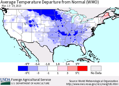 United States Average Temperature Departure from Normal (WMO) Thematic Map For 3/13/2023 - 3/19/2023