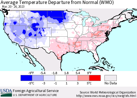 United States Average Temperature Departure from Normal (WMO) Thematic Map For 3/20/2023 - 3/26/2023