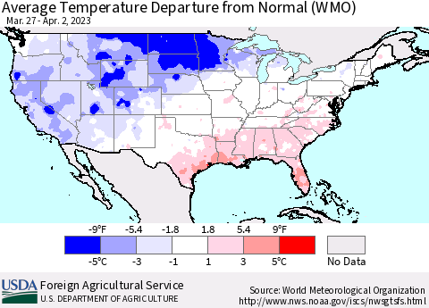 United States Average Temperature Departure from Normal (WMO) Thematic Map For 3/27/2023 - 4/2/2023