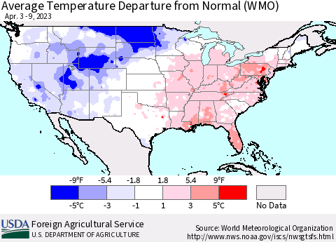 United States Average Temperature Departure from Normal (WMO) Thematic Map For 4/3/2023 - 4/9/2023
