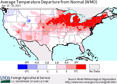 United States Average Temperature Departure from Normal (WMO) Thematic Map For 4/10/2023 - 4/16/2023