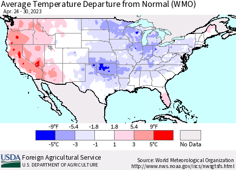 United States Average Temperature Departure from Normal (WMO) Thematic Map For 4/24/2023 - 4/30/2023