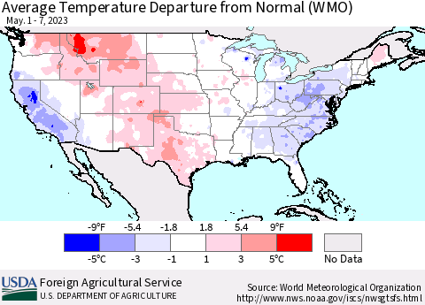 United States Average Temperature Departure from Normal (WMO) Thematic Map For 5/1/2023 - 5/7/2023