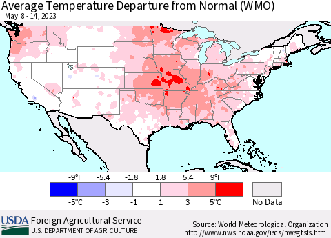 United States Average Temperature Departure from Normal (WMO) Thematic Map For 5/8/2023 - 5/14/2023