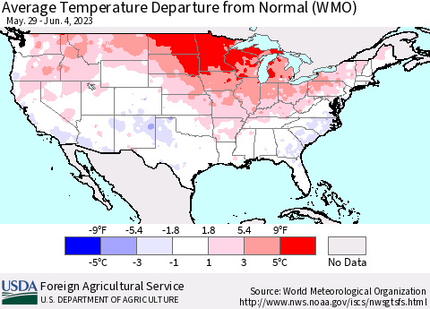 United States Average Temperature Departure from Normal (WMO) Thematic Map For 5/29/2023 - 6/4/2023