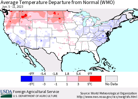 United States Average Temperature Departure from Normal (WMO) Thematic Map For 6/5/2023 - 6/11/2023