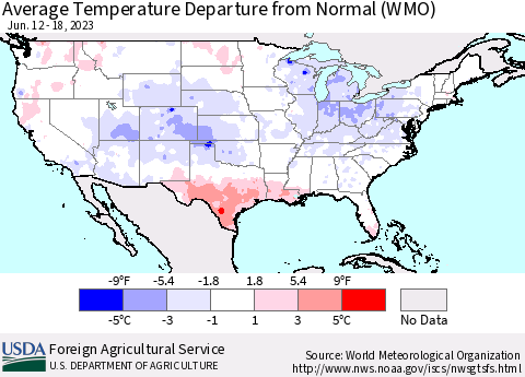 United States Average Temperature Departure from Normal (WMO) Thematic Map For 6/12/2023 - 6/18/2023