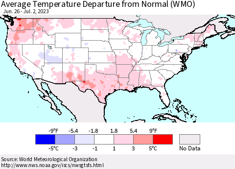 United States Average Temperature Departure from Normal (WMO) Thematic Map For 6/26/2023 - 7/2/2023