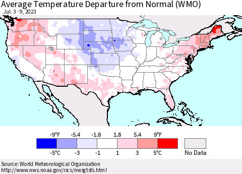 United States Average Temperature Departure from Normal (WMO) Thematic Map For 7/3/2023 - 7/9/2023