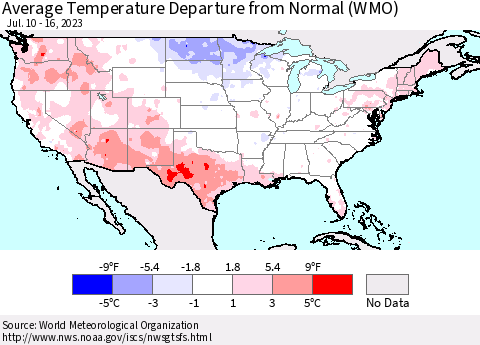 United States Average Temperature Departure from Normal (WMO) Thematic Map For 7/10/2023 - 7/16/2023