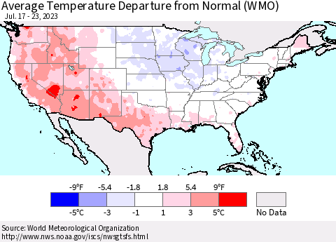 United States Average Temperature Departure from Normal (WMO) Thematic Map For 7/17/2023 - 7/23/2023