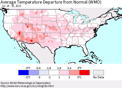 United States Average Temperature Departure from Normal (WMO) Thematic Map For 7/24/2023 - 7/30/2023