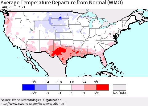 United States Average Temperature Departure from Normal (WMO) Thematic Map For 8/7/2023 - 8/13/2023