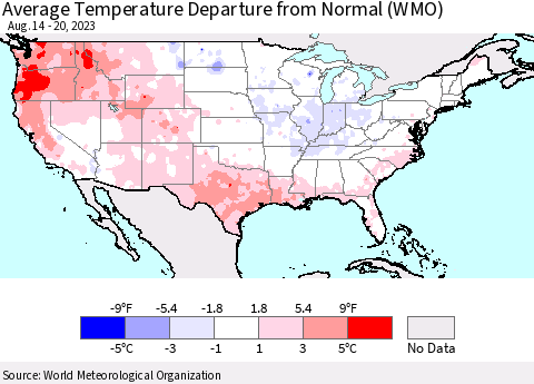 United States Average Temperature Departure from Normal (WMO) Thematic Map For 8/14/2023 - 8/20/2023