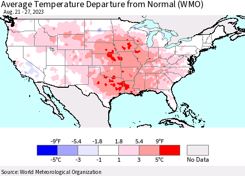 United States Average Temperature Departure from Normal (WMO) Thematic Map For 8/21/2023 - 8/27/2023