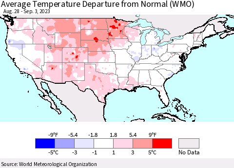 United States Average Temperature Departure from Normal (WMO) Thematic Map For 8/28/2023 - 9/3/2023