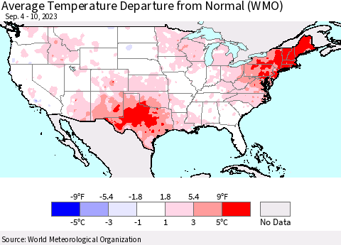 United States Average Temperature Departure from Normal (WMO) Thematic Map For 9/4/2023 - 9/10/2023