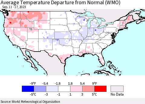 United States Average Temperature Departure from Normal (WMO) Thematic Map For 9/11/2023 - 9/17/2023