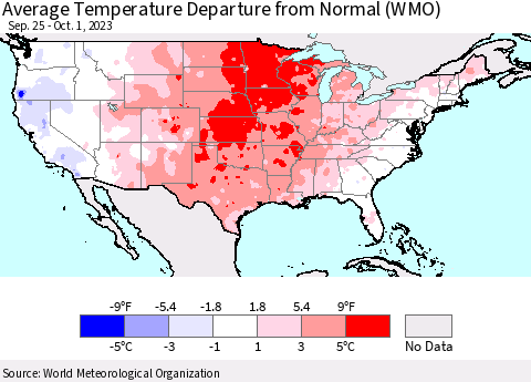 United States Average Temperature Departure from Normal (WMO) Thematic Map For 9/25/2023 - 10/1/2023