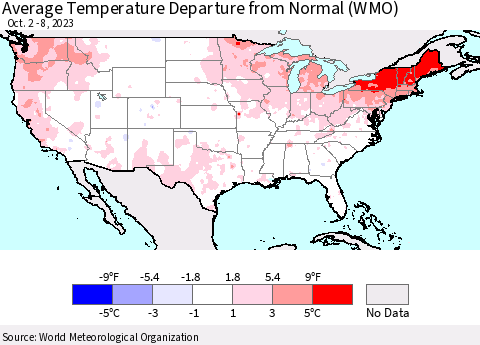 United States Average Temperature Departure from Normal (WMO) Thematic Map For 10/2/2023 - 10/8/2023