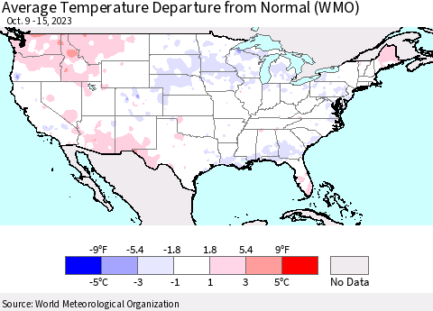 United States Average Temperature Departure from Normal (WMO) Thematic Map For 10/9/2023 - 10/15/2023