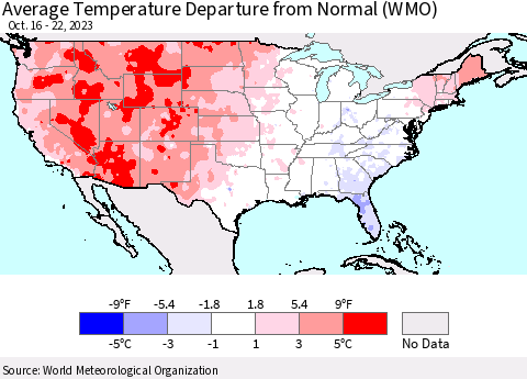 United States Average Temperature Departure from Normal (WMO) Thematic Map For 10/16/2023 - 10/22/2023