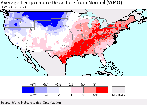 United States Average Temperature Departure from Normal (WMO) Thematic Map For 10/23/2023 - 10/29/2023