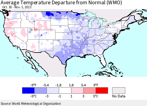 United States Average Temperature Departure from Normal (WMO) Thematic Map For 10/30/2023 - 11/5/2023