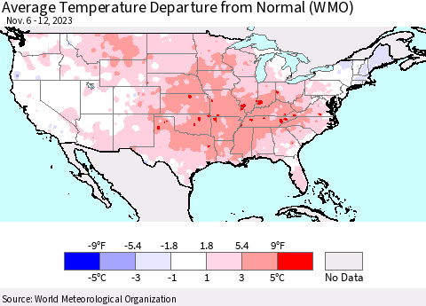 United States Average Temperature Departure from Normal (WMO) Thematic Map For 11/6/2023 - 11/12/2023
