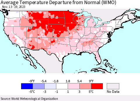 United States Average Temperature Departure from Normal (WMO) Thematic Map For 11/13/2023 - 11/19/2023