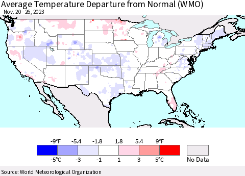 United States Average Temperature Departure from Normal (WMO) Thematic Map For 11/20/2023 - 11/26/2023