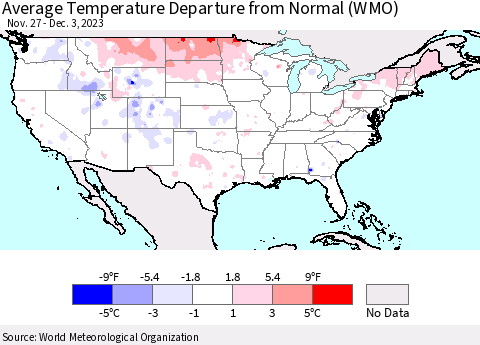 United States Average Temperature Departure from Normal (WMO) Thematic Map For 11/27/2023 - 12/3/2023