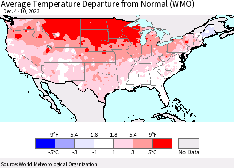 United States Average Temperature Departure from Normal (WMO) Thematic Map For 12/4/2023 - 12/10/2023