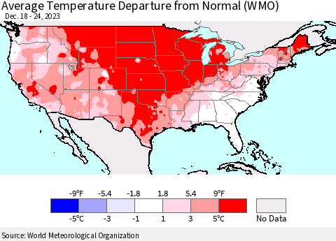 United States Average Temperature Departure from Normal (WMO) Thematic Map For 12/18/2023 - 12/24/2023
