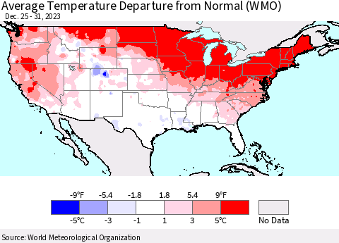 United States Average Temperature Departure from Normal (WMO) Thematic Map For 12/25/2023 - 12/31/2023