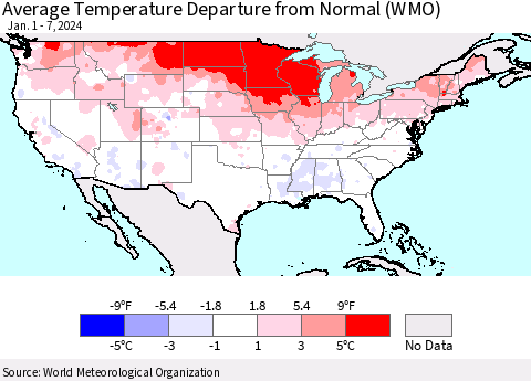 United States Average Temperature Departure from Normal (WMO) Thematic Map For 1/1/2024 - 1/7/2024