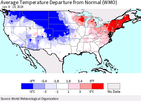 United States Average Temperature Departure from Normal (WMO) Thematic Map For 1/8/2024 - 1/14/2024