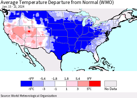 United States Average Temperature Departure from Normal (WMO) Thematic Map For 1/15/2024 - 1/21/2024