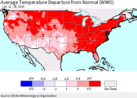 United States Average Temperature Departure from Normal (WMO) Thematic Map For 1/22/2024 - 1/28/2024