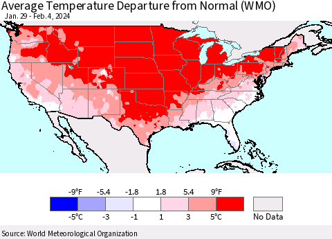 United States Average Temperature Departure from Normal (WMO) Thematic Map For 1/29/2024 - 2/4/2024