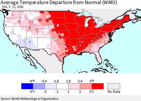 United States Average Temperature Departure from Normal (WMO) Thematic Map For 2/5/2024 - 2/11/2024